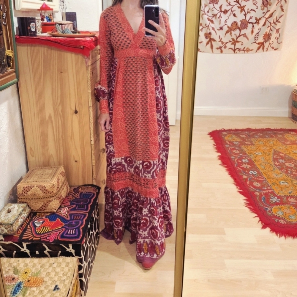 Vintage 70s India Imports Block Print Dress S